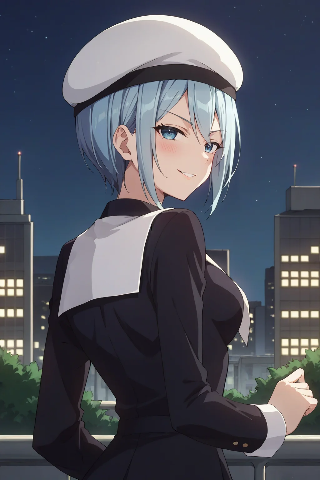 score_9, score_8_up, score_7_up, source_anime, 1girl, prefect lighting, very aesthetic, intricate details, highly detailed background, masterpiece, high quality, prefect hands, best quality, solo,
<lora:Momo_Ryuju_Kaguya-sama_Love_Is_War_V1:.85>, KJOmomo, light blue hair, blue eyes, short hair, sidelocks, hair between eyes,
Black school uniform, thighhighs, white beret,
smirk, looking back, blush, from behind, smug, upper body,
night, rooftop, cityscape,
(Beautiful, medium Breasts:1.2), natural breasts,
