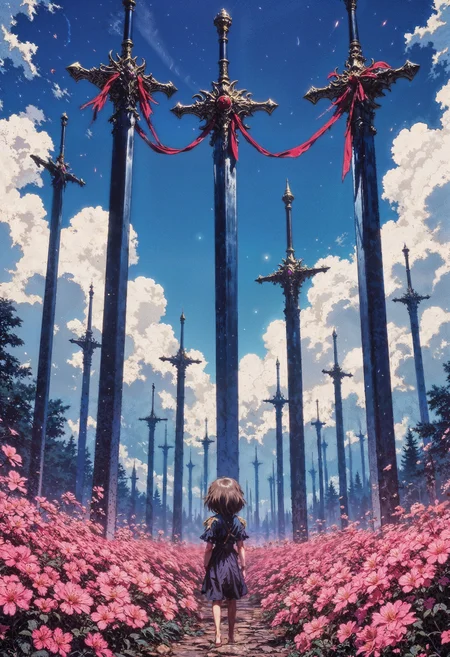 a surreal landscape with a fantasy theme. The layout features a field of oversized swords planted into the ground, creating a dramatic and imposing scene. The swords are dark blue and vary in size, with some towering into the sky. Red ribbons are tied to several swords, adding a striking contrast. The foreground is filled with vibrant pink flowers, creating a lush and colorful base. In the center, a small figure with short brown hair and a dark outfit stands facing the swords, adding a sense of scale and mystery. The sky is partly cloudy, with patches of blue visible, enhancing the ethereal atmosphere of the scene.