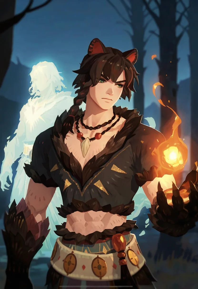 <lora:Soren_AFK:0.85>, soren, brassiereided hair, dark brown hair, decorative belt, cat ears, necklace with fang pendant, claw gauntlet-style gloves, cat gloves, abs exposed, tribal warrior, bangs, masterpiece, ultra-HD, cinematic lighting, photorealistic, (impressionism:1.5), high detail, depth of field, (blurred background), (dramatic lighting),masterpiece, best quality, very aesthetic, <lora:add_detail:1>, ((aesthetic_male_form:1.2, light skin)), (focus male), fair skin, smooth skin, dynamic view, ethereal male sorcerer, tasteful_sensuality upper body, glowing magical sigils floating around, long brown hair with silver strands, piercing green eyes, standing in a dark enchanted forest, mist and glowing orbs, mysterious aura, mystical energy swirling