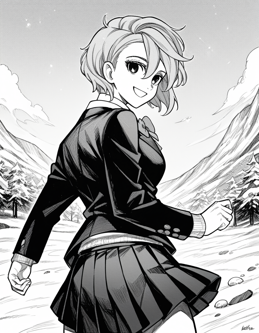 score_9, score_8_up, score_7_up, source_anime, <lora:aira-shiratori-manga-ponyxl-lora-nochekaiser:1>, aira shiratori, monochrome, greyscale, short hair, sidelocks, bangs, hair between eyes, medium breasts,, skirt, shirt, bow, school uniform, jacket, pleated skirt, collared shirt, bowtie,, snow day, winter clothes, snowball fight, laughter, cold breath, white landscape, smile, <lora:shaft-look-ponyxl-lora-nochekaiser:1>, shaft look, looking back, from behind, head tilt,, looking at viewer, solo,, dutch angle, cowboy shot