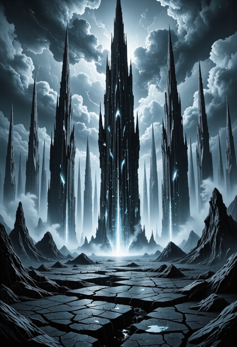 <lora:Pieper-Geometrics-Shadowworld:0.8>Op-Art, Eerie Crystalline Spires Towering crystalline spires rise from a barren, mist-shrouded wasteland. Each spire radiates a faint, otherworldly glow, their jagged surfaces glistening like shards of ice. The ground is cracked and lifeless, with pools of dark, reflective liquid scattered throughout. The mist swirls with an unnatural energy, casting shifting shadows that suggest unseen movement, Geometric Shapes, light fill the shapes becoming more and more transparent and brilliant. patterns dance and constrict and pulse,