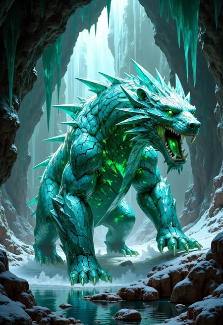 FluxEpicDragon, a crystalline bear made of cut aqua emeralds and blue diamond gemstones with subsurface scattering and light transmission, with a small head, in a beastly stance, emitting a powerful shockwave with a loud roar distorting the air, teeth and fangs made of green emerald, monstrous and colossal, jagged gemstone fur, inside a greenish ice cavern with greenish ice stalactites