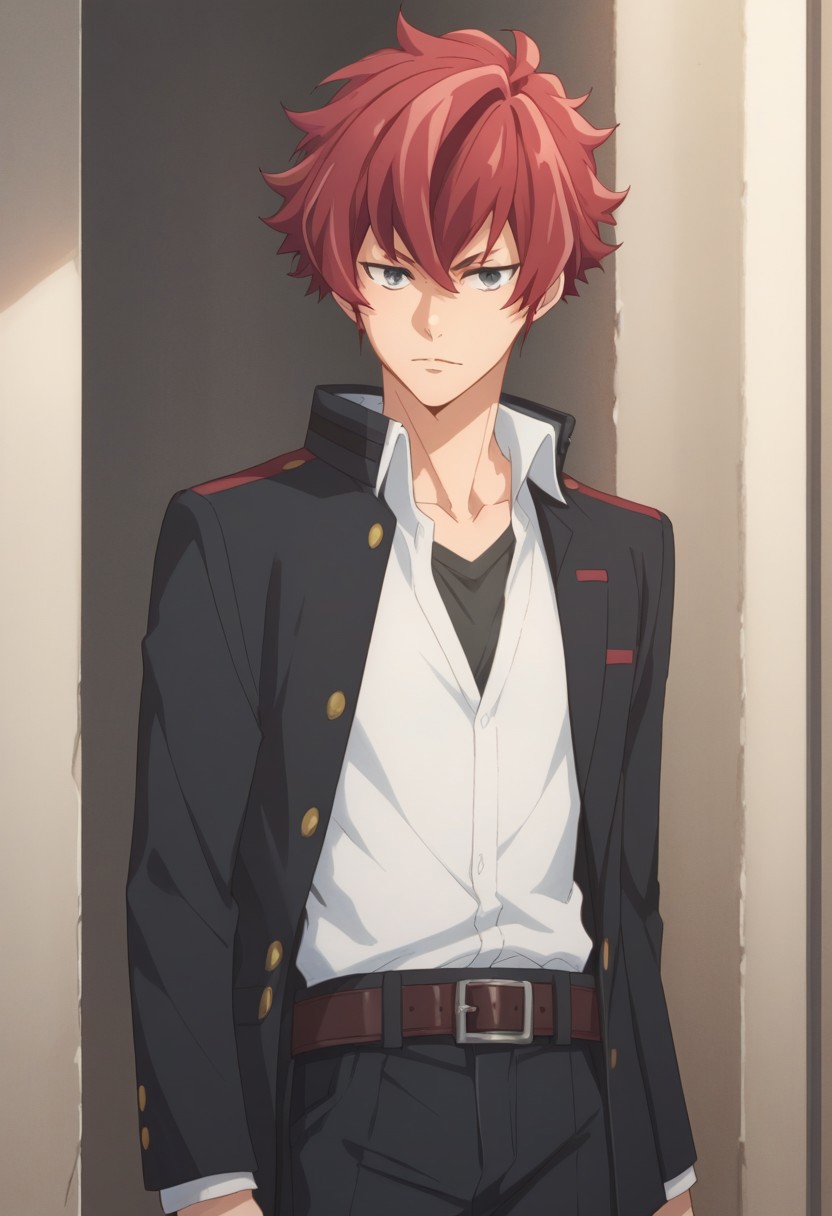 score_9, score_8_up, score_7_up, source_anime, highly detailed, 
kensei, 1boy, male focus, school uniform, solo, red hair, grey eyes, belt, open jacket, open clothes, shirt, white shirt, pants,