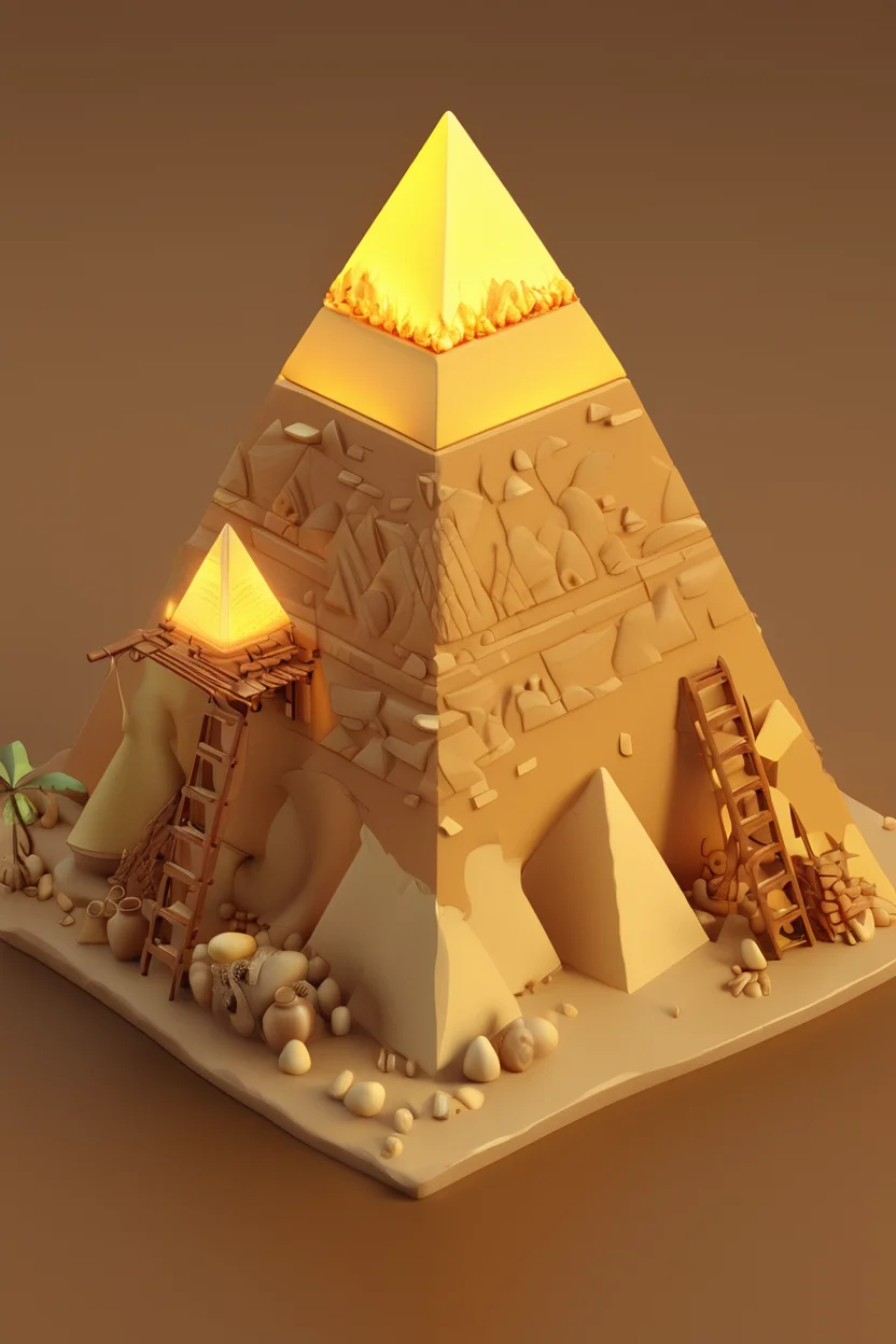 IsometricDesert, brown background, vase, night, glowing, floating island, yellow background, 3d, three pyramids, ladder, fire <lora:IsometricDesertXL:1>,