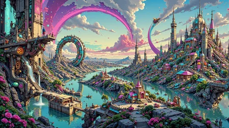 floating city beautiful  landscape, morning, woman, very intricate, very detailed, sharp, bright, colorful, <lora:Hand v2:0.5> <lora:Anti-Blur:1><lora:Insane Detail Slider:0.25>  <lora:flux.1_lora_flyway_Epic-detail_v2:0.3> <lora:fluxenhancer:0.25> <lora:ck-Neon-Retrowave:0.4> ck-rw, in the style of ck-rw,  <lora:Neurocore Anime Cyberpunk:0.8> A digital artwork in the style of cknc