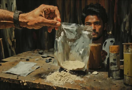 A close-up of a slightly crumpled, clear plastic sandwich bag held by a person with their thumb and forefinger, pinching the top corner to create a small opening. Through this opening, a few stray grains of sand can be seen trickling out, creating a small pile on a wooden table. The bag itself appears to be mostly empty, with only a small mound of sand at the bottom. The background is out of focus, suggesting a cluttered workshop or garage setting with various tools and materials scattered around. The person's hand is partially in the foreground, with their wristwatch hinting at the passage of time. The lighting casts a warm, slightly dim glow from a nearby light source, emphasizing the contrast between the bright, clean sand and the worn, textured hand. The expression on the person's face is one of contemplation, as they tilt their head slightly to the side, squinting at the dwindling sand. The overall atmosphere is one of curiosity and introspection, as if the person is pondering the remaining quantity of sand not just within the bag, but metaphorically in their life or project, invoking a sense of urgency and resourcefulness.