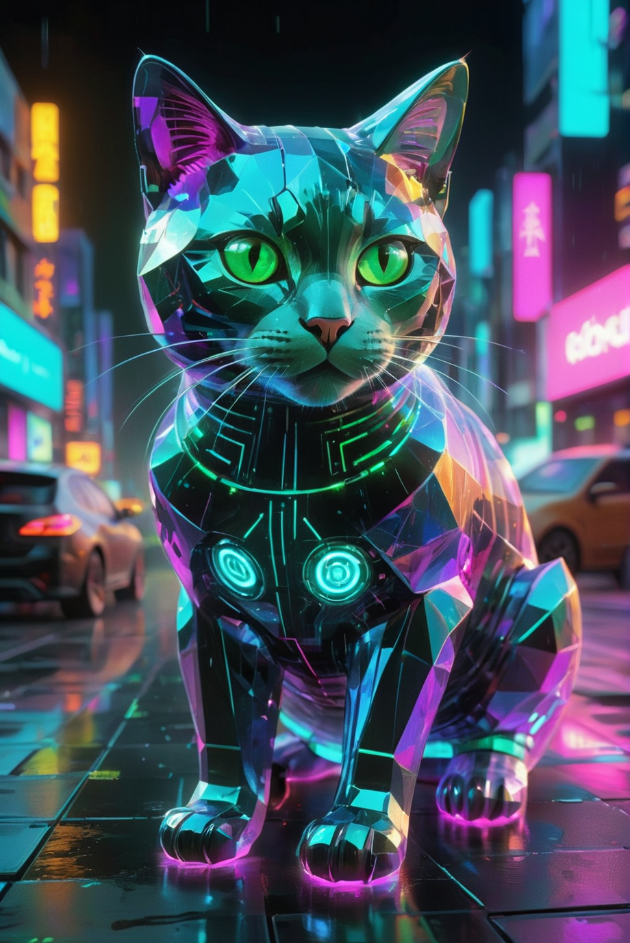 A hyper-detailed, photorealistic, transparent digital holographic cat rendered in a cubist style is set against a cyberpunk city skyline. The scene blends surreal and science fiction elements, with neon colors illuminating the futuristic buildings in the background. The cat's transparent holographic form is made up of geometric shapes and sharp angles, glowing with vibrant hues of electric blue, neon pink, and green. The cyberpunk cityscape features towering skyscrapers, flying vehicles, and holographic advertisements, all bathed in dynamic lighting and sharp contrasts. Rain-soaked streets and digital noise enhance the dramatic atmosphere, creating a visually striking and surreal science fiction world.
<lora:ral-hlgrphic-sdxl:0.85> ral-hlgrphic,
<lora:add-detail-xl:1.0>,
<lora:EldritchMixIllustration_1.1:0.35>,
<lora:20240614-1718326897684:0.6>,