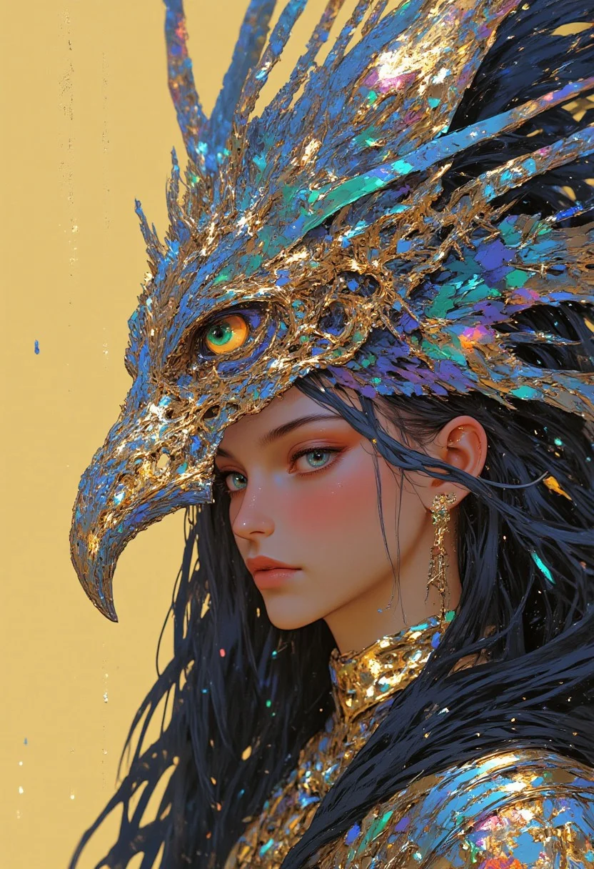 A highly detailed digital artwork, HD, 8K quality, ultra-detailed, masterpiece artwork, presents an extremely close-up surreal portrait fusing human and animal elements. The focus is on the woman's striking green eyes, wide and mesmerizing, gazing directly at the viewer, framed by dark lashes and a soft, luminous glow in her irises. Her pale, flawless skin radiates a subtle shimmer, enhancing her ethereal presence. Flanking her face are the iridescent heads of two majestic peacocks, their vibrant blue feathers shimmering with intricate patterns that seamlessly blend into her cascading dark hair. The peacocks’ regal tufts arch elegantly, complementing her ornate earrings, one shaped like a delicate metallic peacock feather. The background is a radiant yellow, enriched with glittering, surreal patterns that swirl and spiral in abstract harmony, evoking a sense of otherworldly wonder. The glittering designs appear like cosmic constellations or radiant floral motifs, adding depth and mystique to the composition. Hyper-realistic textures emphasize the glossy sheen of the feathers, the delicate glow of her skin, and the hypnotic depth of her gaze. Soft, golden lighting merges with the glittering background, creating a dreamlike yet strikingly vivid composition of surreal beauty.
