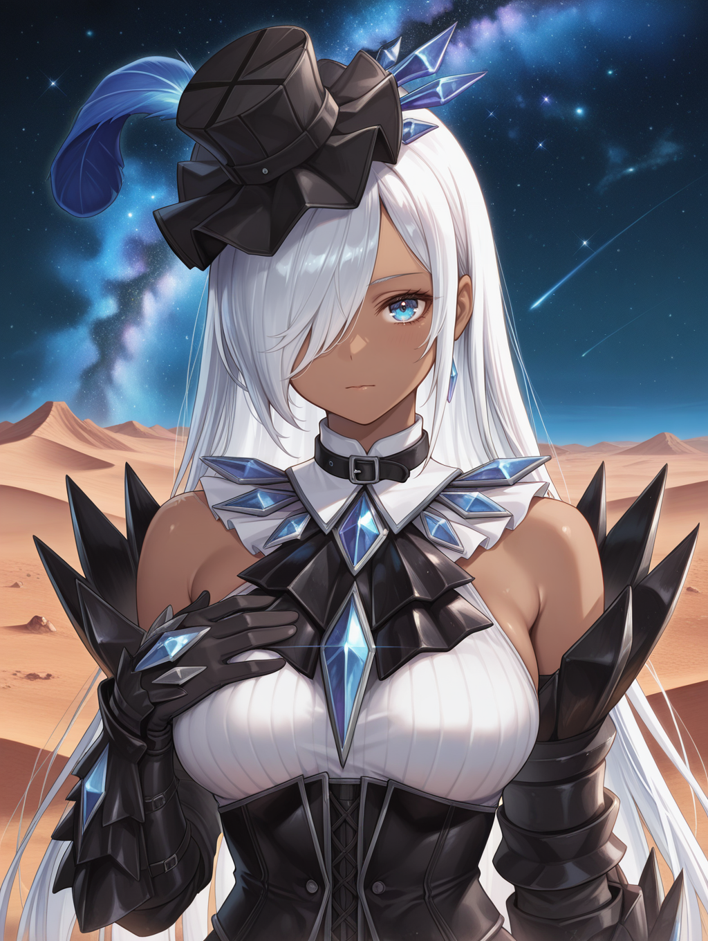 Akura Vashimu armor,1girl,blue eyes,solo,straight hair,very long hair,white hair,dark-skinned female,looking at viewer,closed mouth,upper body,one eye covered,crystal,bare shoulders,black top hat,black belt collar,black armored dress,black corset,black armored gloves,hair over one eye,night,desert,hand on own chest,starry sky, milky way, 
masterpiece,best quality,amazing quality,very aesthetic,absurdres,newest,<lora:Akura Vashimu armor illuXL v1:0.76>,