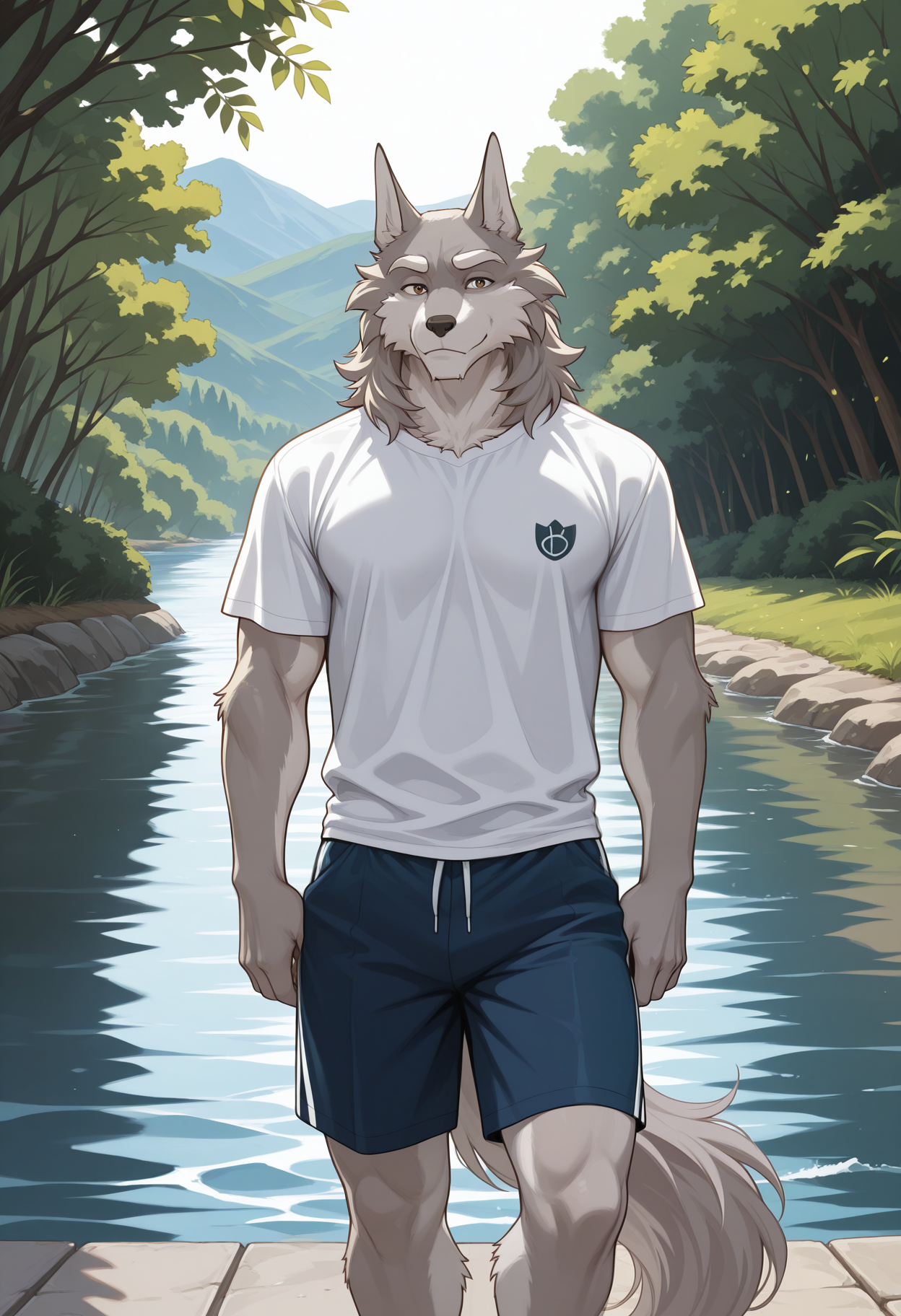 masterpiece,best quality,amazing quality, 1boy, solo, gr3yfus, furry, shirt, shorts, outdoors, riverside,