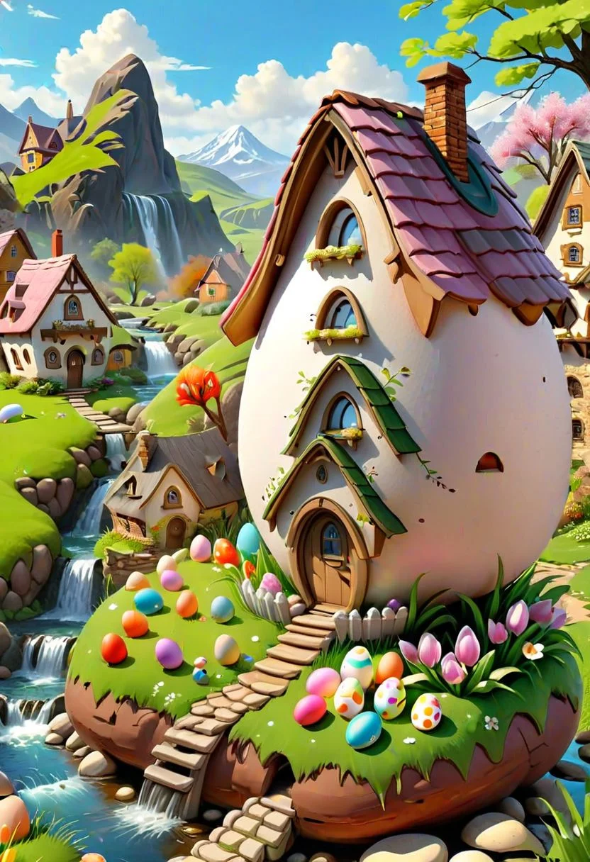 ((masterpiece, best quality)), high resolution, 32k picture, professional render, trending on artstation,
Easter Egg Home, outdoors, nature, flower, window, grass, door, village, a village of egg houses near a babbling brook, waterfall, bridge,