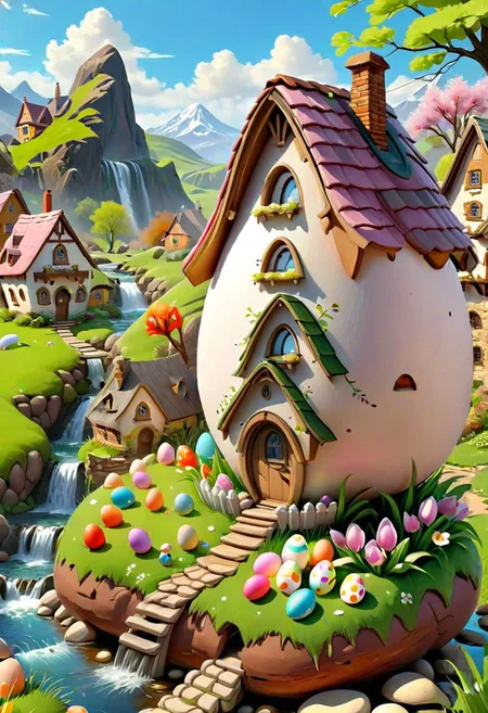 ((masterpiece, best quality)), high resolution, 32k picture, professional render, trending on artstation, 
Easter Egg Home, outdoors, nature, flower, window, grass, door,  village, a village of egg houses near a babbling brook, waterfall, bridge,