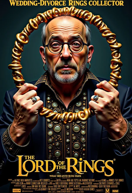(the text at the top says"Wedding-Divorce Rings Collector" and for the movie title on below, the text says "The Lord of The Rings":1.6), (ensure the text perfectly correct and accurately written:1.3),
BREAK,
movie poster parody, everything about this guy is about rings, wearing a shirt and pants made of rings, the shape of the clothes is rings arranged from top to bottom to circle his body, wearing a circle ring on his head, a halo ring on his head, his long mustache wrapped around a ring, all his fingers and toes wear rings, his glasses are shaped like circles of rings, his earrings are circles of o-rings, being in a boxing ring, all his fingers wear rings, his head wears a halo ring, his hand is holding a large circle of o-rings,
BREAK
masterpiece, best quality, ultra-detailed, ultra realistic, 8k, RAW photo, aidmatextimprover,