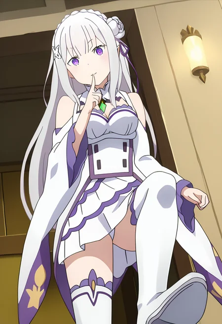 score_9, score_8_up, score_7_up, source_anime,
BREAK
<lora:shiStepV1:1>,
stepdef, from below, standing on one leg, stepped on, white thighhighs, thigh boots, shoe soles, pov,
1girl, solo, anime screencap, anime coloring,
<lora:shiEmiliaV2:1.0> shimilia, long hair, grey hair, purple eyes, pointy ears, crown braid, hair flower, hair ribbon, purple ribbon, x hair ornament, white dress, cleavage, bare shoulders, wide sleeves,
looking at viewer, head tilt, confused, finger to mouth, smile,