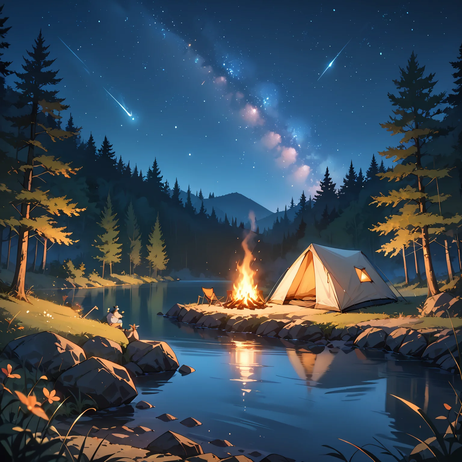 abstract expressionist painting cinematic film still score_9, score_8_up, score_7_up,source_anime, <lora:Camping:0.6> cabpbb, camping, tent, scenery, forest, lake, campfire, night, starry sky, bright shooting star, depth of field, . shallow depth of field, vignette, highly detailed, high budget, bokeh, cinemascope, moody, epic, gorgeous, film grain, grainy . energetic brushwork, bold colors, abstract forms, expressive, emotional