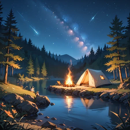 abstract expressionist painting cinematic film still score_9, score_8_up, score_7_up,source_anime, <lora:Camping:0.6> cabpbb, camping, tent, scenery, forest, lake, campfire, night, starry sky, bright shooting star, depth of field, . shallow depth of field, vignette, highly detailed, high budget, bokeh, cinemascope, moody, epic, gorgeous, film grain, grainy . energetic brushwork, bold colors, abstract forms, expressive, emotional