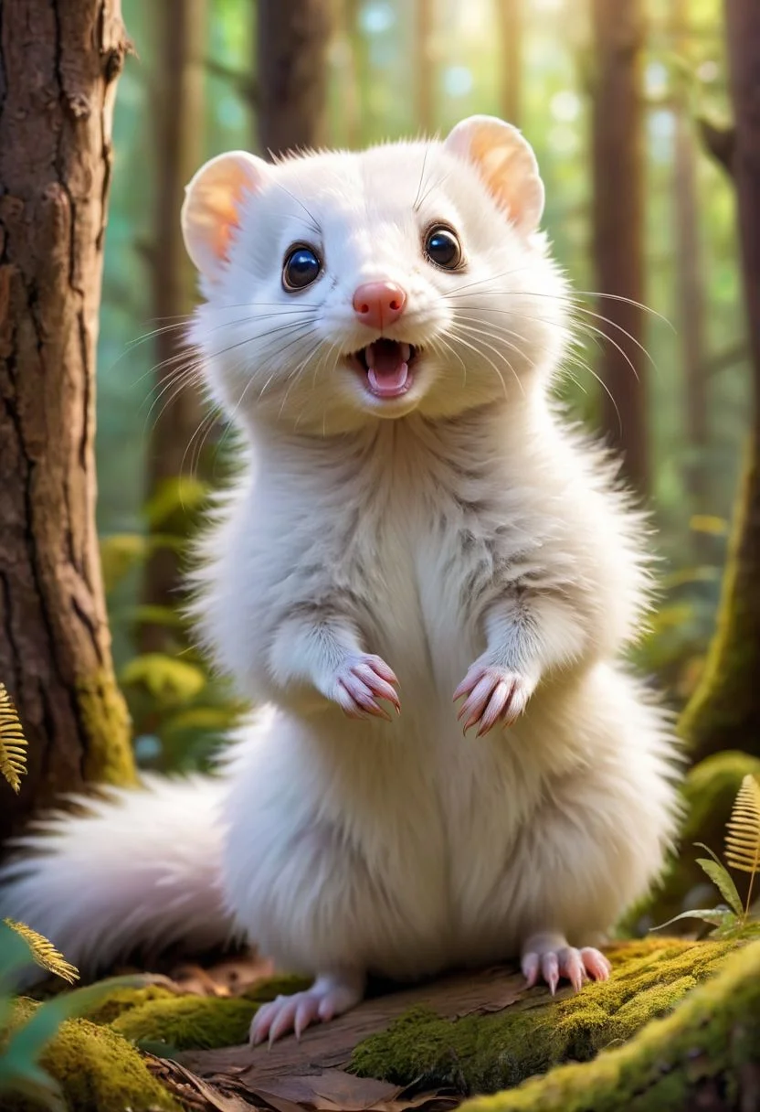full body, furry, funny, best quality, super fine, 16k, white fluffy cute weasel, surprised expression, cute pose, in the forest, fantasy world image, fantastic and mysterious, variety of visual styles that combine various artistic elements like a sparkling iridescent pastel and vivid colors, golden fur