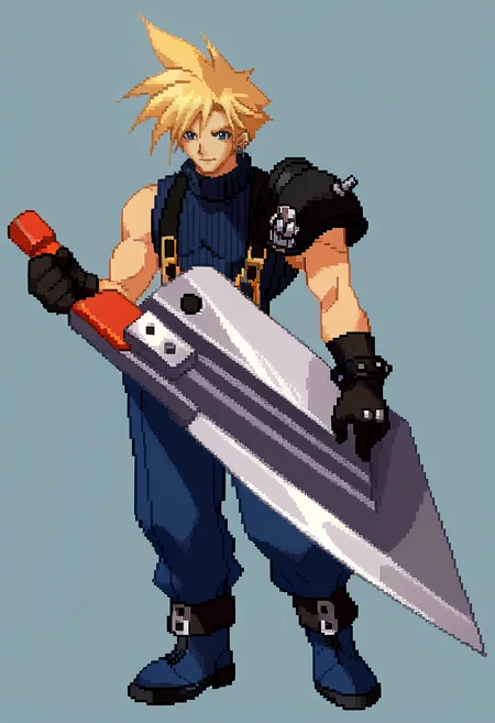 score_9, score_8_up, score_7_up, source_anime, BREAK, solo, 1boy, looking at viewer, <lora:Guilty-Gear-SpritesV2-pdxl_Fp:1>, simple background, pixel art, standing, <lora:cloudstrife-pdxl-nvwls-v1:0.9>, defCloud, blonde hair, single earring, suspenders, shoulder armor, sleeveless turtleneck, belt, baggy pants, blue pants, gloves, boots, holding sword, buster sword,