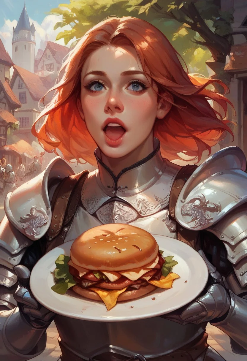 score_9, score_8_up, score_7_up,  , portrait,   
1girl, solo,  close up, eating hamburger, mouth open,
medieval, heavy armor, plate armor, helmet, knight,