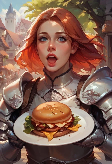 score_9, score_8_up, score_7_up, , portrait,
1girl, solo, close up, eating hamburger, mouth open,
medieval, heavy armor, plate armor, helmet, knight,
