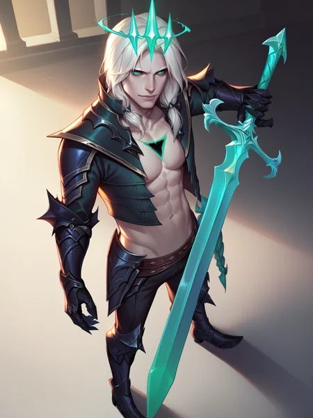 score_9, score_8_up, score_7_up, BREAK, Viego, 1man, solo, white hair, emerald halo crown, black wound in chest, high collar, short black jacket, black armored gauntlets, black pants, black armored boots, emerald sword Zweihander in hand, <lora:ViegoNormal:1>