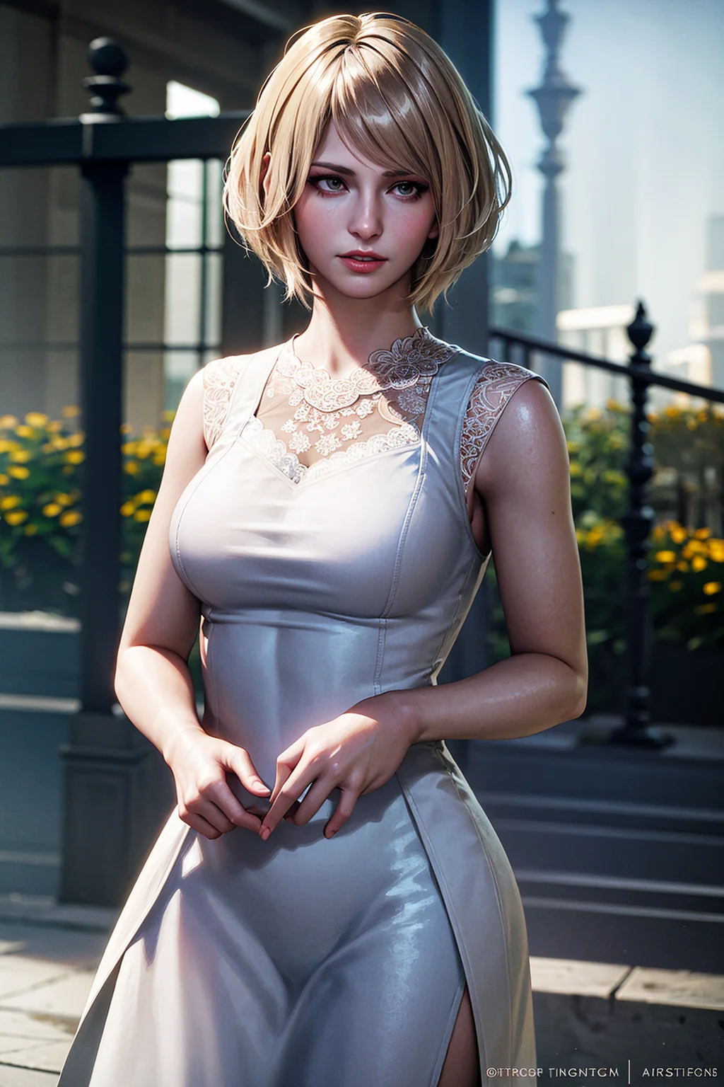 1girl, portrait of shot of re4ashley, tight white dress, park, flowers, volumetric lighting, best quality, masterpiece, intricate details, tonemapping, sharp focus, hyper detailed, trending on Artstation, realistic, <lora:sxz-ashley-graham:0.6>