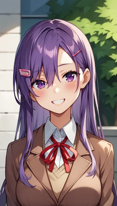score_9,score_8_up,score_7_up,score_6_up BREAK official art,solo,outdoors,upper body,(portrait:1.5),looking at viewer,facing viewer,smile,blush,Yuri,very long hair,purple hair,hair ornament,hairclip,sidelocks,hair between eyes,parted bangs,purple eyes,school uniform,brown jacket,blazer,wing collar,neck ribbon,red ribbon,brown sweater vest,white shirt,collared shirt,long sleeves,medium breasts,skindentation,miniskirt,blue skirt,pleated skirt,white socks,uwabaki,white footwear,<lora:Yuri(ddlc)-Pony:1.6>,