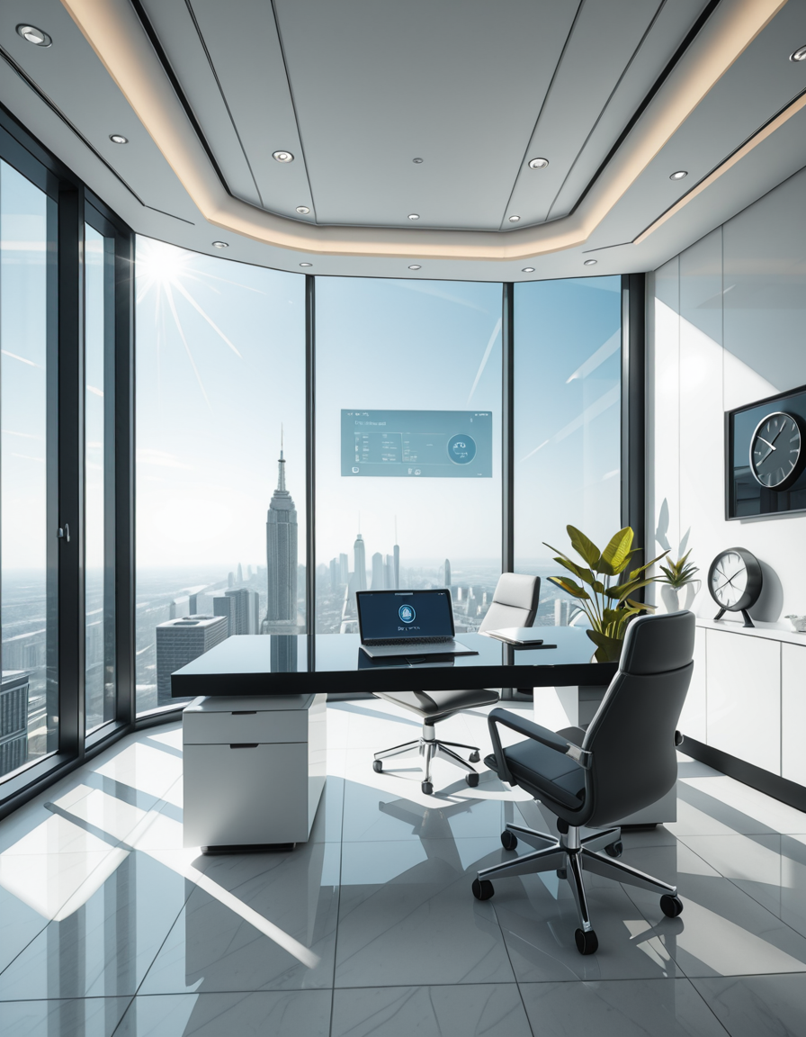 A modern, luxurious executive secretary's office located at the top floor of a futuristic skyscraper. The office has floor-to-ceiling glass walls offering a breathtaking panoramic view of a bustling metropolis under a clear blue sky. Inside, the design is ultra-minimalist and high-tech, with sleek white furniture, a glossy black desk with an integrated digital interface, and an ergonomic designer chair in matte gray leather. There are a few elegant green plants strategically placed for a touch of nature. A thin holographic screen hovers above the desk, displaying schedules and emails. The lighting is bright but soft, coming from recessed LED strips in the ceiling and natural sunlight pouring in. The atmosphere feels calm, professional, and cutting-edge, reflecting the spirit of a powerful tech company. In the background, a subtle artistic sculpture and a minimalist clock complete the decor.
<lora:SDXLFaeTastic2400:0.4> <lora:extremely_detailed:0.4> extremely detailed,secretary 0ff1c3, <lora:secretary_0ff1c3_r1-i:1>, Masterpiece,best quality,hi res,8k,hi res,8k,award winning,(sharp focus, intricate, highly detailed),