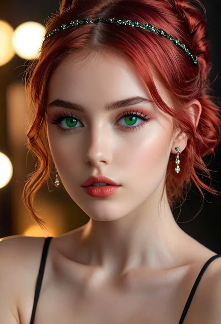 20 year old Turkish girl, pose 1:1, full view, green eyes, pale skin, puffy lips, makeup, eye contact, hairclip, light red hair, very short hair, hair up, double bun, hair flaps, asymmetrical bangs, long bangs, x hair ornament, dark red lips, red eyeshadow, mascara, eyeliner, stud earrings, piercing, blush, flat chest, epic action, Unreal Engine, cinematic award winning artwork, many details, extreme detailed, full of details,Wide range of colors., dramatic, Dynamic,Cinematic,Sharp details, Insane quality. Insane resolution. Insane details. Masterpiece. 32k resolution. casting shadow style, cucoloris patterned illumination, <lora:add-detail-xl:1>