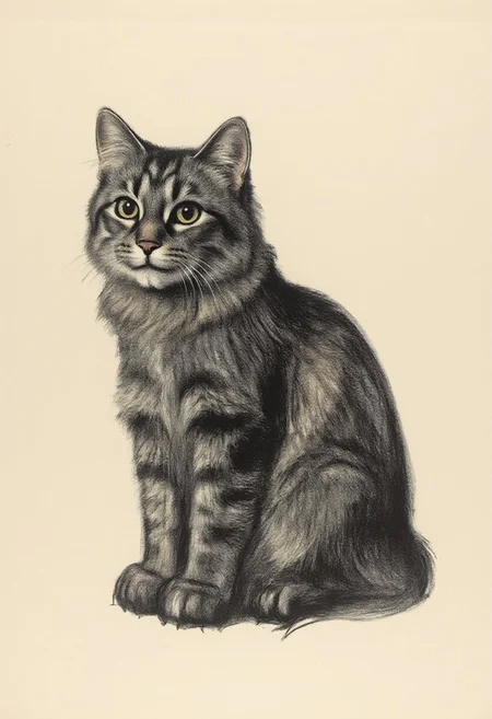 kako1 black and white charcoal drawing.
The image is a monochromatic drawing rendered in charcoal on a light beige background. It depicts a haunting, stylized figure of a fluffy, medium-sized cat named Allie with a mottled coat featuring dark brown and black tabby stripes. Her fur is rendered in deep, dark shades of charcoal, giving it a rough, textured appearance.