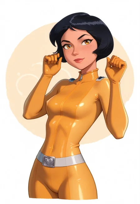 score_9, score_8_up, score_7_up, score_6_up, score_5_up, score_4_up, btimmsketch, cowboy Shot, tsalex, short hair, bob cut, black hair, yellow gloves, yellow latex bodysuit, zipper, belt, looking at viewer, standing, pin-up pose, sexy, halftone effect, white borders, abstract background:1.5