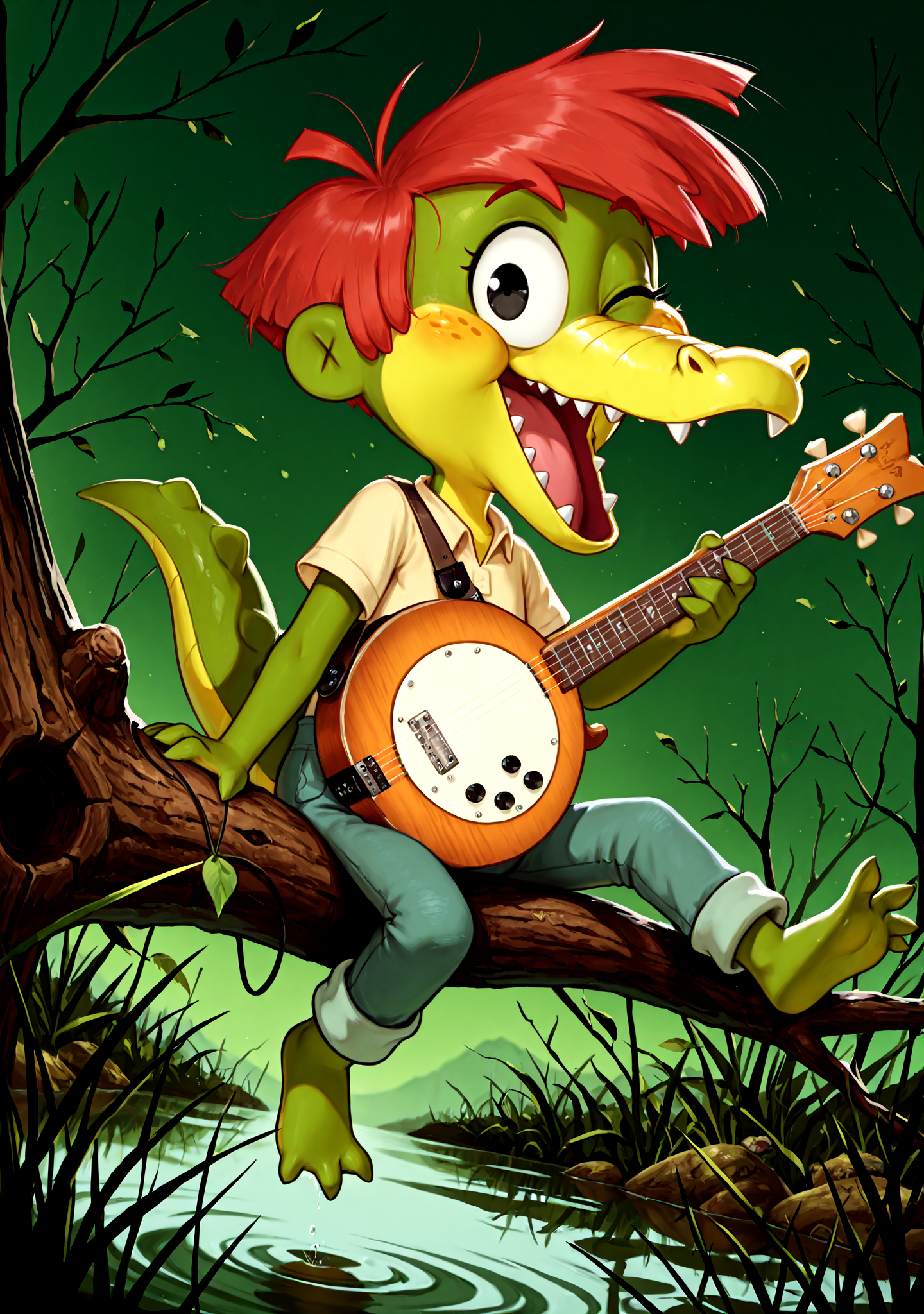 <lora:ArloIllustrious2-000040:1> cartoony, short stack, solo, Arlo Beauregard, black eyes, alligator, red hair, freckles, scalie, young, overalls, yellow shirt, clothed, (playing a white round banjo guitar), portrait, happy, open mouth, sitting on a tree branch, one eye closed, looking at viewer, spread toes BREAK
dutch angle, low-angle view, swamp, dark green sky BREAK
<lora:spo_sdxl_10ep_4k-data_lora_webui:1>, perfect quality, best quality, clear composition, absurdres, high resolution, newest (masterwork, masterpiece, hyper-detailed, 8k uhd) BREAK
lazyposâââ