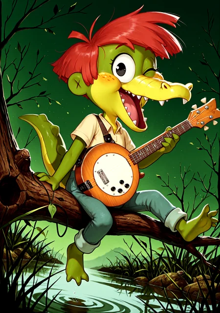 <lora:ArloIllustrious2-000040:1> cartoony, short stack, solo, Arlo Beauregard, black eyes, alligator, red hair, freckles, scalie, young, overalls, yellow shirt, clothed, (playing a white round banjo guitar), portrait, happy, open mouth, sitting on a tree branch, one eye closed, looking at viewer, spread toes BREAK
dutch angle, low-angle view, swamp, dark green sky BREAK
<lora:spo_sdxl_10ep_4k-data_lora_webui:1>, perfect quality, best quality, clear composition, absurdres, high resolution, newest (masterwork, masterpiece, hyper-detailed, 8k uhd) BREAK
lazyposâââ