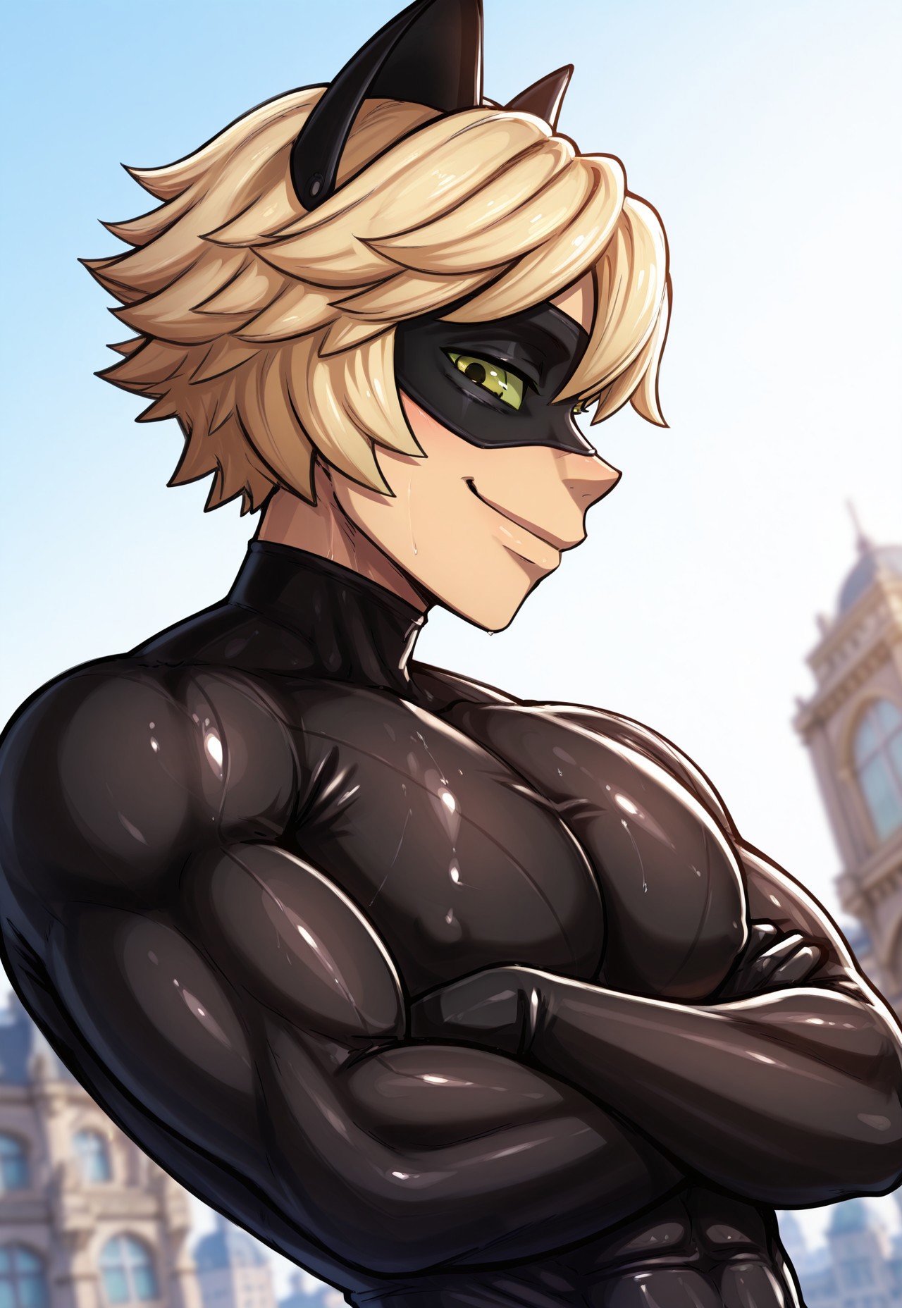 masterpiece, best quality, high quality, detailed, 1boy, Cat Noir (Yorun), original look, like source material, blonde hair, mask, cat ears, green sclera, slightly tan skin, detailed eyes, muscular (solo), black bodysuit, tight clothes, smile, crossed arms, upper body, city background, daylight, <lora:blackwhiplash(bwl)-guy90-Illust-Lycorisv1:1> blaash, looking at viewer, dynamic angle, close up, side profile