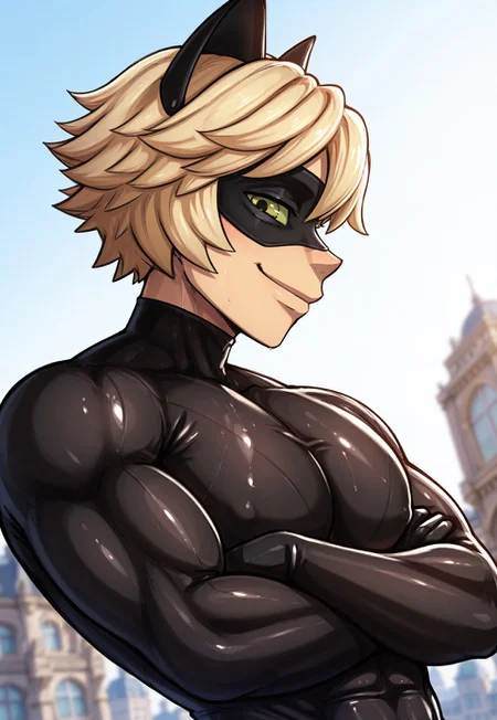 masterpiece, best quality, high quality, detailed, 1boy, Cat Noir (Yorun), original look, like source material, blonde hair, mask, cat ears, green sclera, slightly tan skin, detailed eyes, muscular (solo), black bodysuit, tight clothes, smile, crossed arms, upper body, city background, daylight, <lora:blackwhiplash(bwl)-guy90-Illust-Lycorisv1:1> blaash, looking at viewer, dynamic angle, close up, side profile