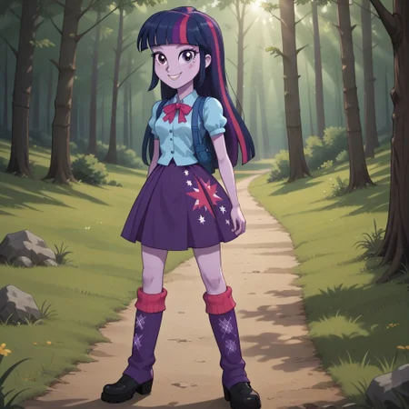 score_9, score_8, BREAK, solo, Princess_Twilight_Sparkle_(Equestria_Girls), dark sapphire blue with moderate purple and brilliant raspberry streaks, purple eyes, light purple skin, light purple skin female, blue collared shirt, dark purple skirt, magenta and purple socks, black shoes, self portrait, smile, looking at viewer, outdoors, sunlight, shadows, evening lighting, natural lighting, forest, trees, grass, orange sky, sunset