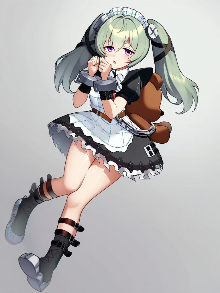 1girl, animal bag, bear bag, black belt, black dress, chain, corin wickes, cuffs, fingernails, full body, green hair, grey background, hair between eyes, long hair, looking at viewer, maid apron, maid headdress, open mouth, puffy short sleeves, purple eyes, screw hair ornament, simple background, solo, twintails, white apron<lora:zenless_zone_zero_ill:1>ï¼masterpiece, best quality, very aesthetic, highres, absurdres,(miurahha, bacius, ririko \(fhnngririko\):0.4),