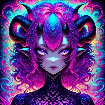 masterpiece,
psychedelicdream, demon girl,horns,,solo,portrait,
, <lora:PsychedelicDream-xl-10:0.8>