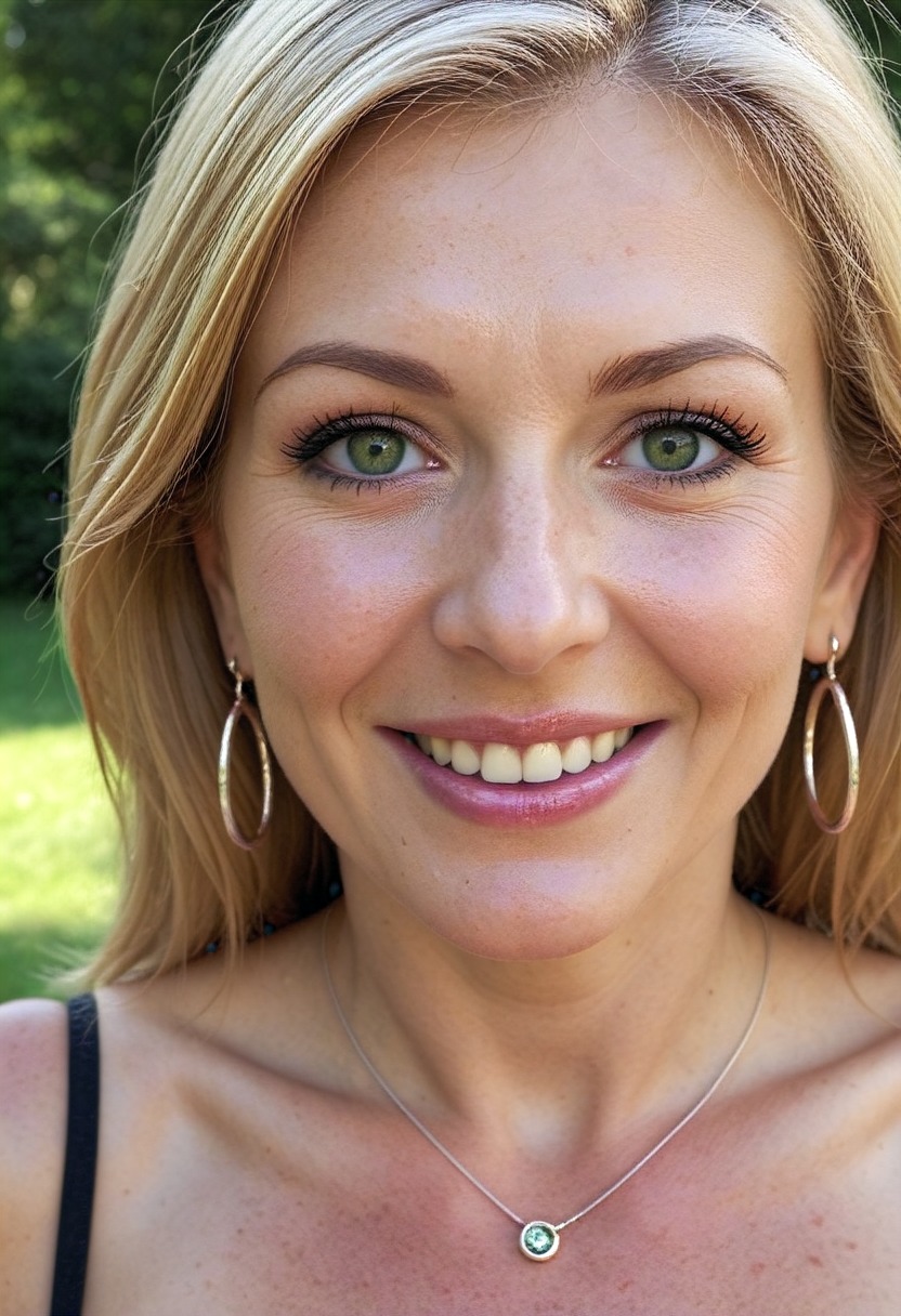annabelle woman, mature woman, milf, 1girl, solo, realistic, jewelry, earrings, old woman, looking at viewer, blonde hair, old, smile, green eyes, portrait, detailed skin  <lora:anabelle-remix-v3:1> (outdoors:1.2)