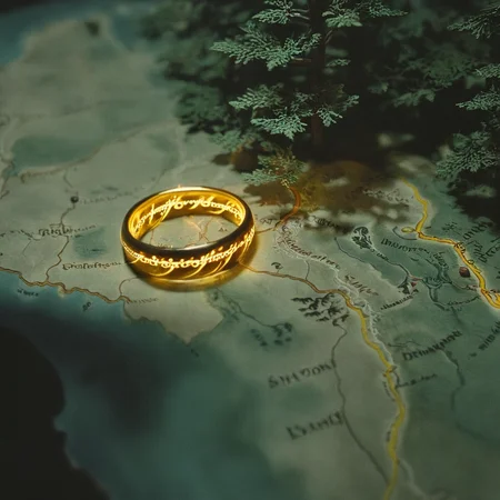 cinematic film still of <lora:The Lord of the Rings style:1>
<lora:Film Grain style:0.5>
<lora:Chiaroscuro Lighting Style:0.5>
In a Fantasy Middle-earth world in the dark ages The One Ring a ring with a glowing yellow glow on a map,the Ruling Ring and Isildur's Bane,english text,tree,(((no humans))),scenery , dramatic light, dramatic shadow light, film contrast, cinematic film color, cinematic film look, filmic, realistic, realism, perfection, perfect, movie still, fantasy drama, epic drama, fictional, Age of Wonders, Age of Empires, warriors, Medieval style, middle ages, dungeons and dragons style, different people, different, unique, kingdoms and castles, violent, aggressive, detailed, perfection, detailed face, detailed body, detailed hands, detailed eyes, sharp, horror themed, dark themed, epic fantasy adventure film style, Legendary, mythical, The Lord of the Rings style, shallow depth of field, vignette, highly detailed, high budget, bokeh, cinemascope, moody, epic, gorgeous, film grain, grainy