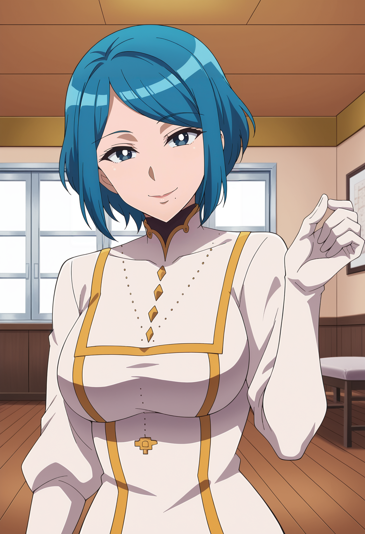 <lora:Medhimama-Tsuujou_Kougeki_ga_Zentai_Kougeki_de_Ni-kai_Kougeki_no_Okaasan_wa_Suki_desu_ka_r1:0.9>,Medhimama,mature female,1girl,solo,blue hair,short hair,blue eyes,mole under mouth,white bodysuit,white gloves,looking at viewer, smile,indoors