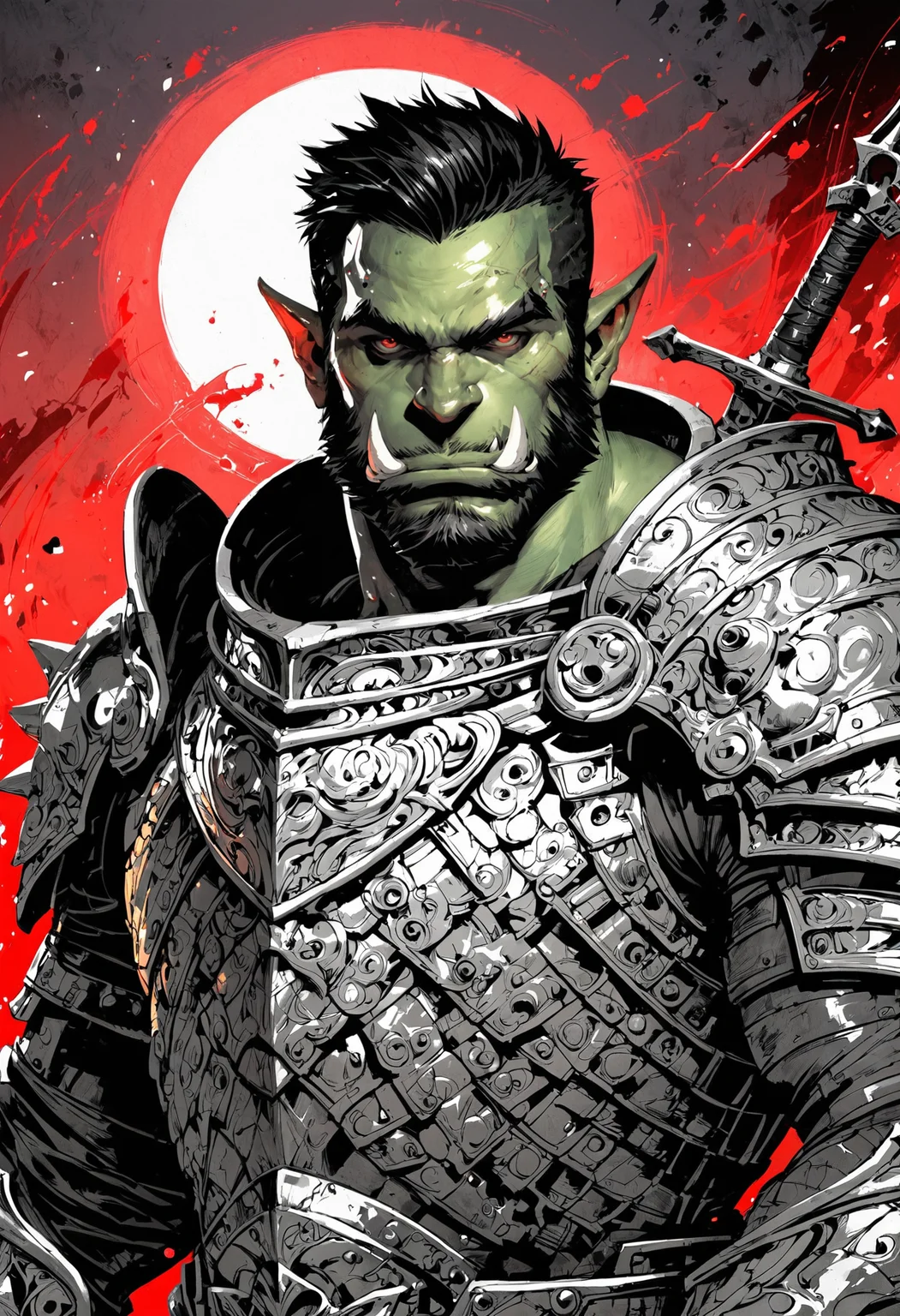 (score_9, score_8_up), score_7_up, zPDXL, solo, <lora:MythM4ngaStyle:0.8>, concept art, digital art, realistic, 1boy, solo, male focus, mature male, orc, green skin, tusks, red eyes, short hair, black hair, facial hair, beard, mustache, looking at viewer, armor, shoulder armor, breastplate, pauldrons, chainmail, upper body, closed mouth, standing, outdoors, night, night sky, dark background, dynamic angle, concept art, realistic, highly detailed, black and red theme, monochrome, greyscale