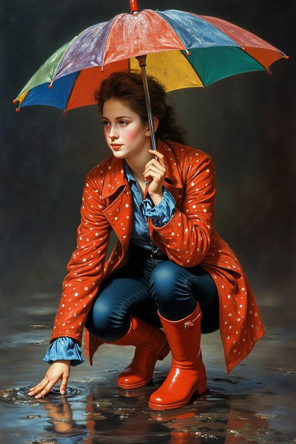 josephwright1 painting. 
A young woman, angled from slightly above and to the right, crouching low to the ground in a puddle. The young woman is wearing bright red rubber boots and a red jacket with white polka dots. The jacket sleeves are pushed up to reveal blue cuffs. The young woman also wears dark blue jeans. she extends her right index finger to touch the water in the puddle. Above the young woman is a large, open umbrella with rainbow-colored panels and a red handle.
 <lora:josephwright1_cap_d6a3e12:1.0><lora:849158571697405710:0>