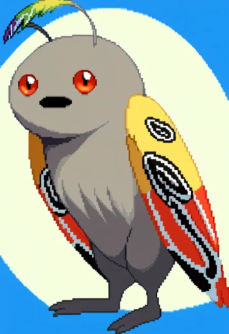 score_9, score_8_up, score_7_up, source_anime, BREAK, solo, looking at viewer, <lora:Guilty-Gear-SpritesV2-pdxl_Fp:1>, simple background, pixel art, standing, pokemon \(creature\), <lora:Mothman-pdxl_Fp:1>, mothman, red eyes, open mouth, antennae, grey skin, wings,