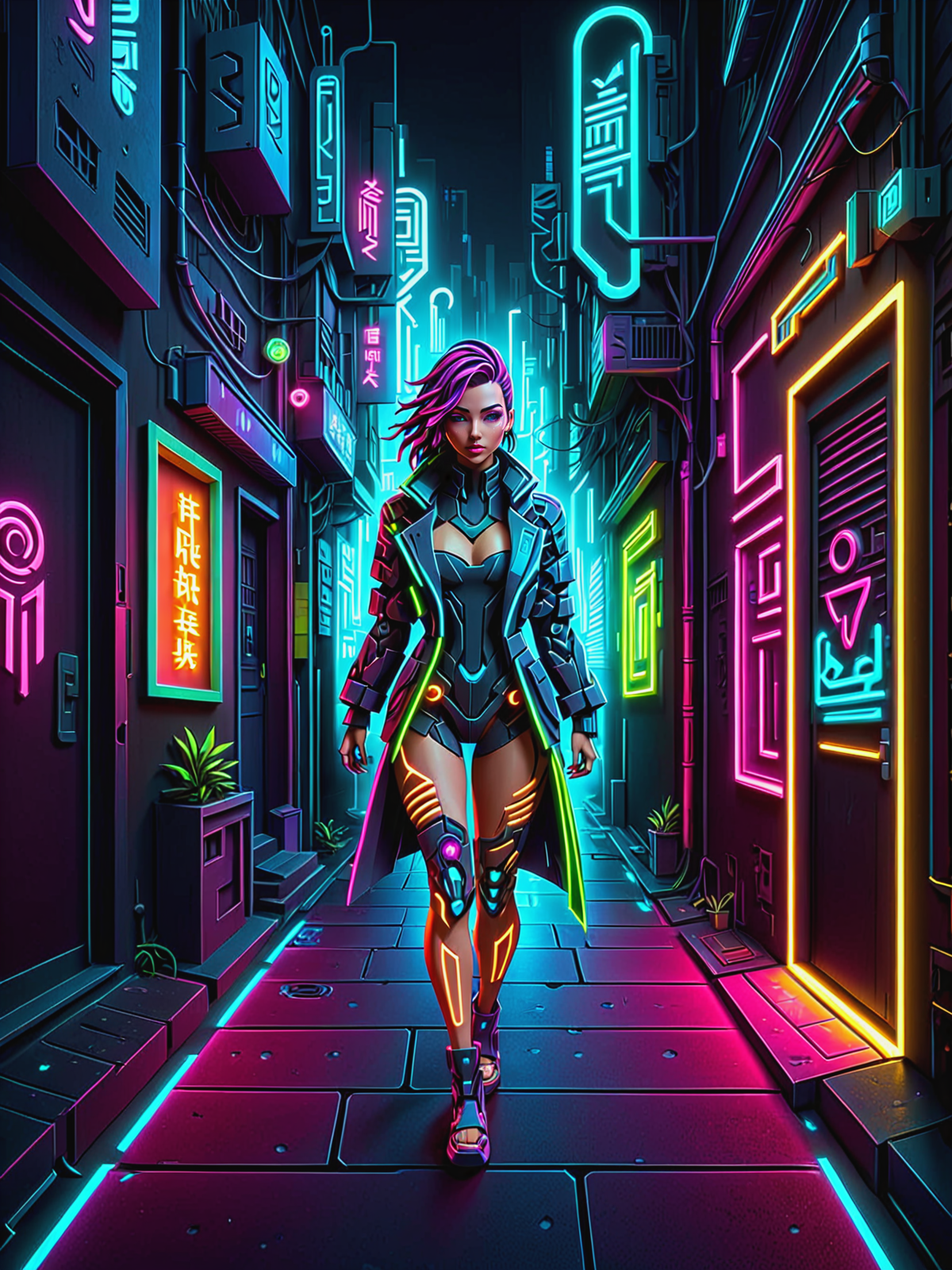 woman walking towards viewer, cyberpunk alley, glowing papercut,  mad-cybrpprct1, neon lights   <lora:Neon_Cyberpunk_Papercut_2_SDXL:0.8>, (masterpiece:1.2), best quality, (hyperdetailed, highest detailed:1.2), high resolution textures