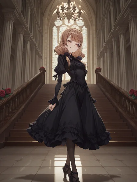 perfect quality,high quality,masterpiece,best quality,amazing quality,very aesthetic,absurdres,Cinematic Lighting,newest,Tactical use of shadow,
1girl,solo,brown hair,long hair,bangs,blunt bangs,twintails,low twintails,brown eyes,IinoMikoCYQL,,
dress,indoors,longsleeves,pantyhose,bluedress,puffysleeves,blackpantyhose,lolitafashion,lookingatviewer,chandelier,standing,blackdress,window,skirthold,gothiclolita,frills,verybow,julietsleeves,flower,church,blackfootwear,scenery,blackbow,highheels,closedmouth,frilleddress,sunlight,dutchangle,lolitablackstairs,smile,checkeredfloor,rose,puffylongsleeves,,
qxys,<lora:spo_sdxl_10ep_4k-data_lora_webui:0.7>,<lora:illustrious_all_rated_v1:0.7>,<lora:laser_light_clothes_v0.5-pony:0.4>,<lora:HG2512 by CYQL:0.9>,HG2512,<lora:lora.by_tusi:1>,