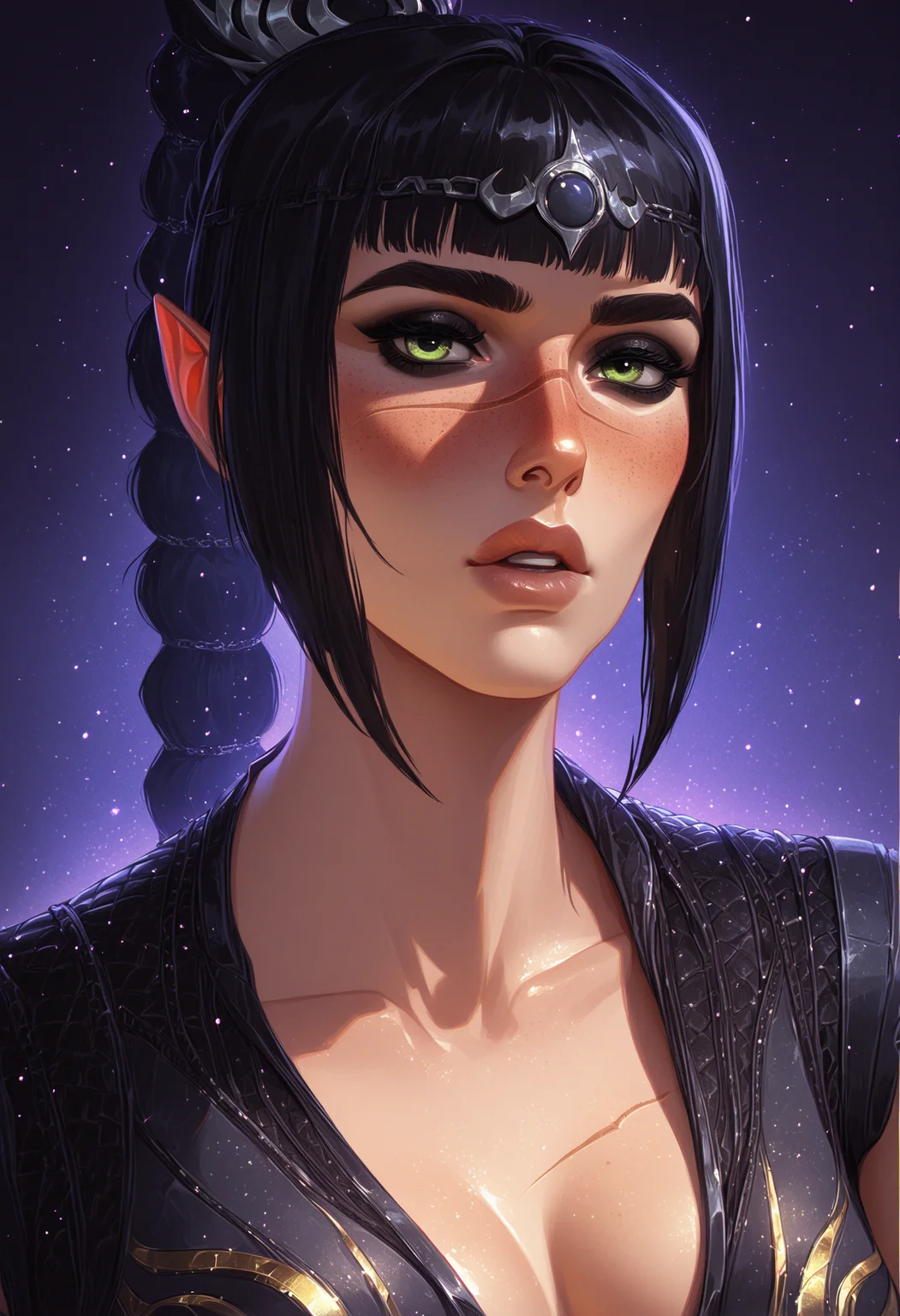 (EyesHD:1.2), masterpiece, best quality, amazing quality, highres, absurdres, very aesthetic, very awa, western, cartoon, shiny skin, skindentation, nosima, (arcane:0.5), laurelin, nilual, chromatic aberration,, 1girl, solo, shadef, green eyes, black eyeliner, freckles, pointy ears, long hair, hair ornament, high ponytail, braided ponytail, medium breasts, scar on nose, black hair, blunt bangs, sidelocks, grey diadem, blush, lips, parted lips,
BREAK,
shacam, collarbone, sleeveless vest, black vest, leather vest, (yellow embroidery:1.1), plunging neckline, space print,, looking at viewer, close-up, face focus, portrait,
BREAK,
multicolored background, purple background, gradient background,, raytracing, hyper detailed, volumetric lighting, lazypos, intricate details, fhanddetailxl, <lora:Shadowheart-NoobAi-1.1_V2-Manityro-CAME:1.0000000000000002> <lora:AmiThompson-adafactor-guy90:0.7000000000000002> <lora:laurelin-guy90-Illust-LoraV1:0.6000000000000001> <lora:Eyes_High_Definition-000007:0.30000000000000004> <lora:spo_sdxl_10ep_4k-data_lora_webui:0.30000000000000004>