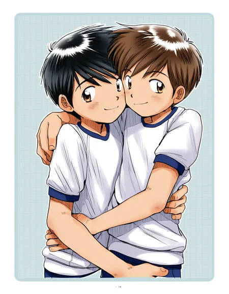 masterpiece, best quality, good quality, boysfactory-style, 2020s, grid background, white border, white outline, 2boys, smile, brown hair, black hair, brown eyes, gym uniform, hug, upper body <lora:boys_factory_NaXLeps_v4f-ShoAI:1>