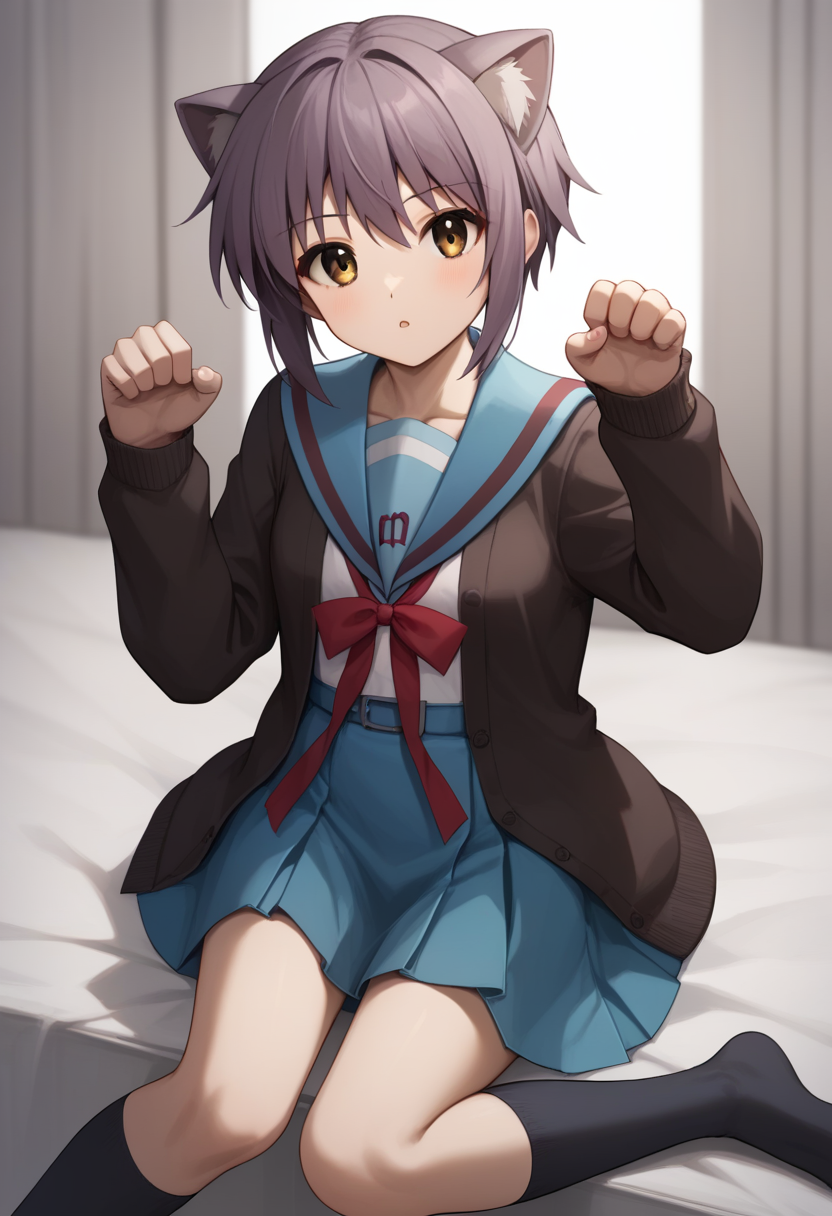 score_9,score_8_up,score_7_up,<lora:nagato_yuki_pony:1>,nagato_yuki,brown_cardigan,red_ribbon,winter_uniform,kita_high_school_uniform,long_sleeves,highres,paw_pose,parted_lips,serafuku,kneehighs,blue_skirt,solo,collarbone,open_cardigan,absurdres,black_socks,blue_sailor_collar,1girl,