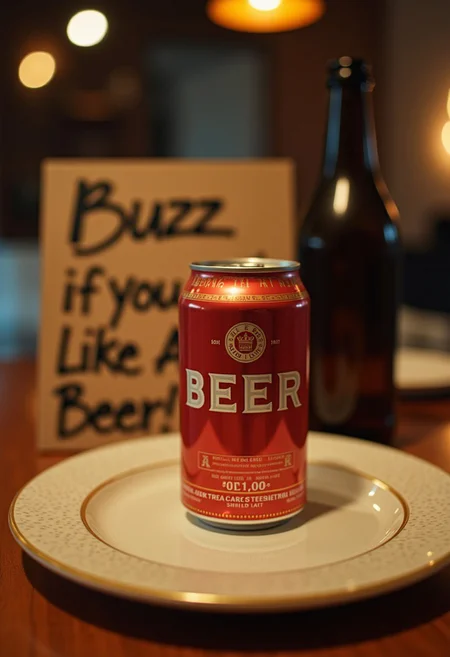 A single beer can on a dinner plate on a table, with a sign next to it saying text ''Buzz If You Feel Like A Beer!'' cinematic shot,